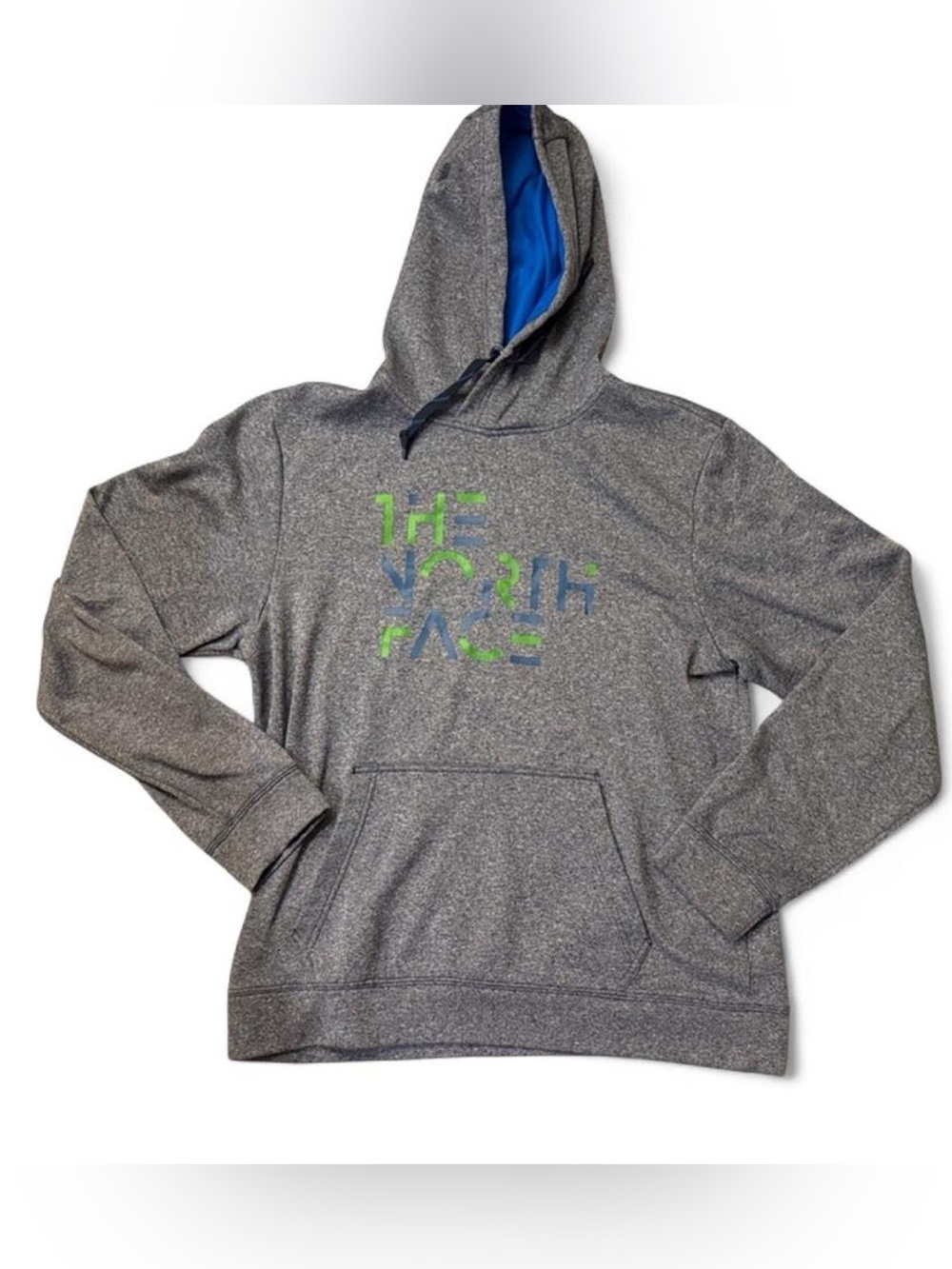 The North Face Men's Gray Hoodie with Blue Lined Hood and Green Logo